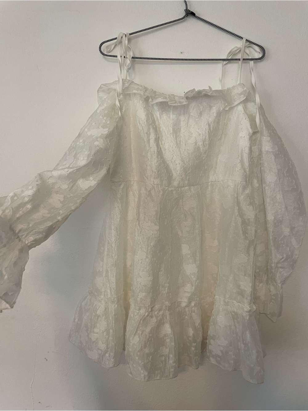 Cider White Off-Shoulder Floral Texture Dress with Tie Straps